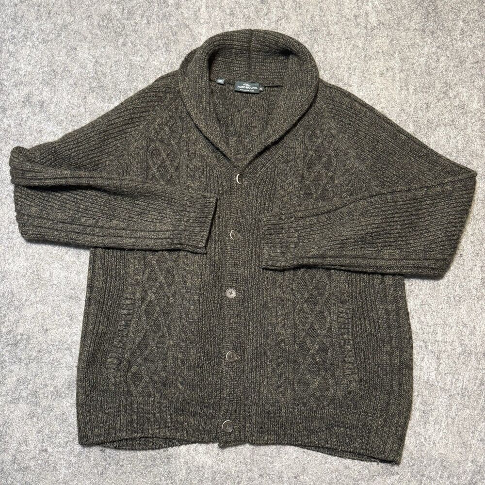 Rodd Gunn Wool Cardigan Sweater Mens XL Green Cable Knit Shawl Neck Fisherman